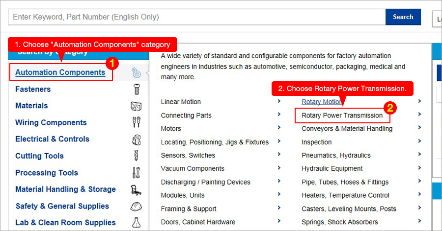 1. Choose 'Automation Components' category. 2. Choose Rotary Power Transmission.